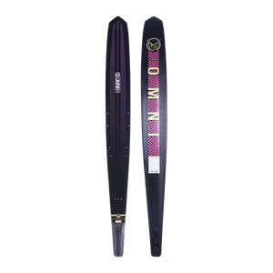 Side-by-side view of Womens Carbon OMNI ski showing the black top with purple details and the base with pink branding.