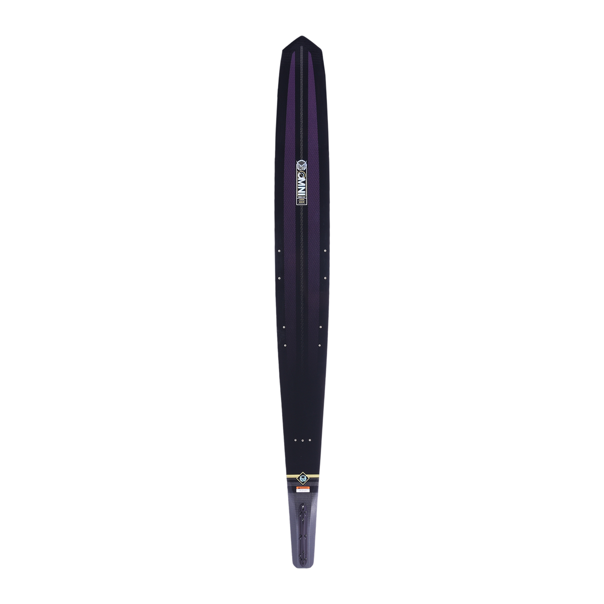 Top view of Womens Carbon OMNI ski in black with purple accents, a centered OMNI logo, and a sleek narrow shape.