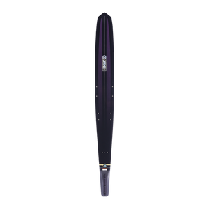 Top view of Womens Carbon OMNI ski in black with purple accents, a centered OMNI logo, and a sleek narrow shape.