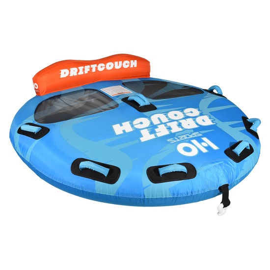 Angled view of the DriftCouch 2 Tube in blue with an orange backrest, mesh floor windows, and grab handles.