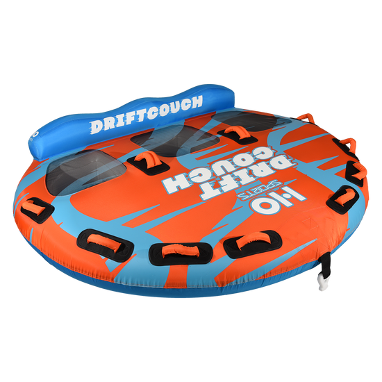 Angled view of the DriftCouch 3 Tube in orange and blue with a blue backrest, mesh floor windows, and grab handles.