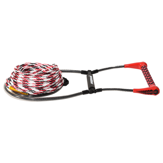 Angled view of the Easy-Up Deep V EVA Handle, red EVA grip on a coiled red, white and black rope.
