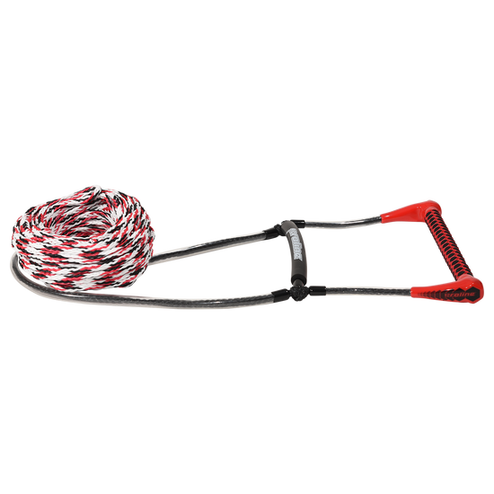 Angled view of the Easy-Up Package handle and 5-section mainline, red hexagon EVA grip on a coiled red, white and black rope.