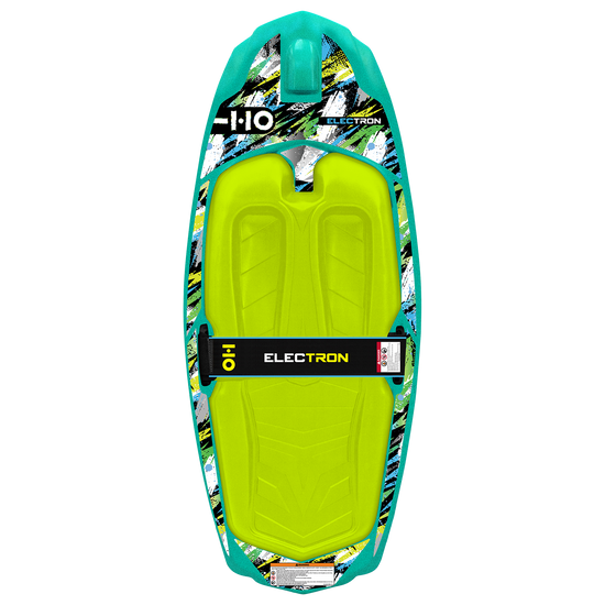 Top view of the Electron kneeboard with Powerlock strap, green molded deck and a paint-splatter graphic rail.