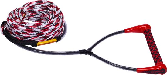 Angled view of the EVA Sport Package handle and 75' mainline, red EVA grip on a coiled red, white and black rope.