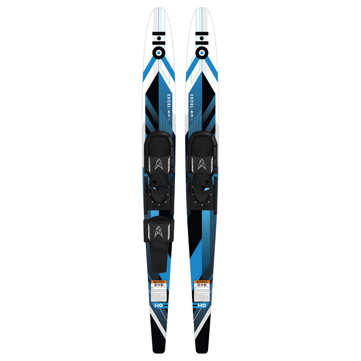 Top view of a pair of blue, white, and black Excel combo water skis with black bindings.