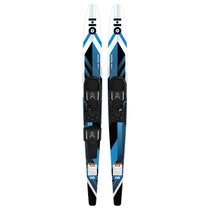 Top view of a pair of blue, white, and black Excel combo water skis with black bindings.