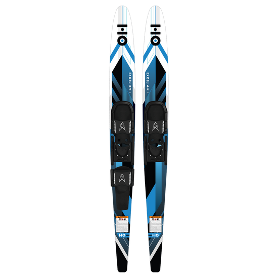 Top view of a pair of blue, white, and black Excel combo water skis with black bindings.