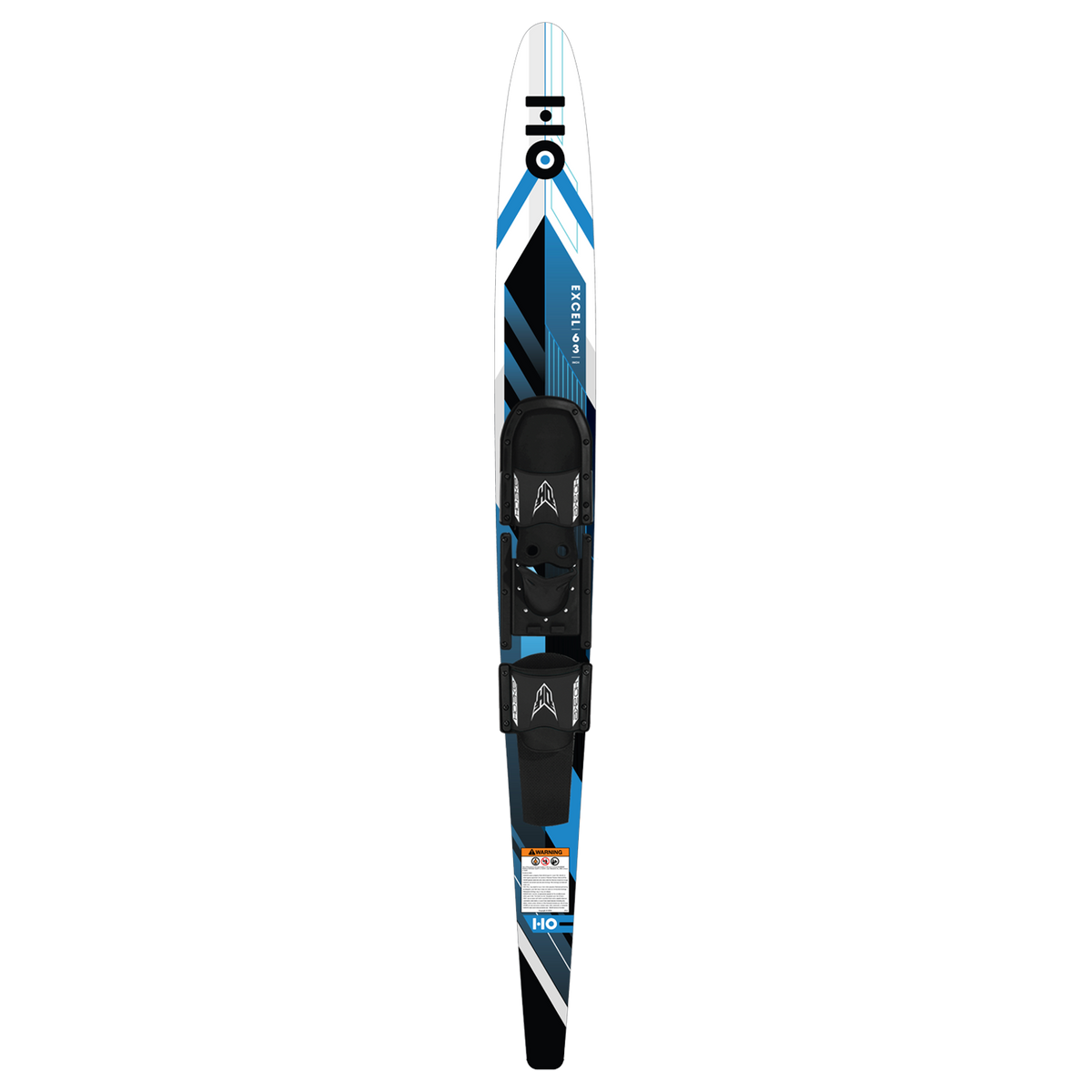 Top view of a blue, white, and black Excel combo water ski with a front binding and rear toe plate.