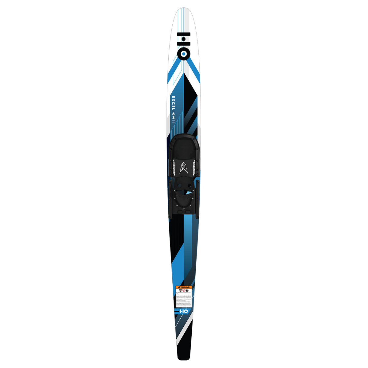 Top view of a blue, white, and black Excel combo water ski with a single black binding.