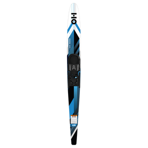 Top view of a blue, white, and black Excel combo water ski with a single black binding.