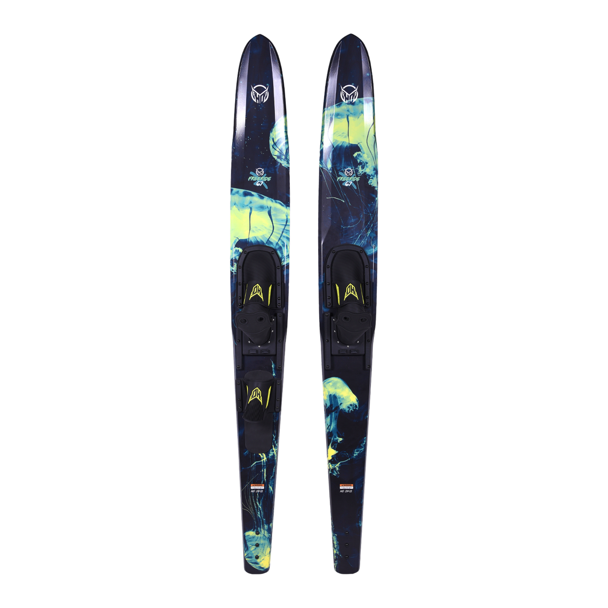 Top view of a pair of Freeride combo water skis with a jellyfish graphic and black bindings.