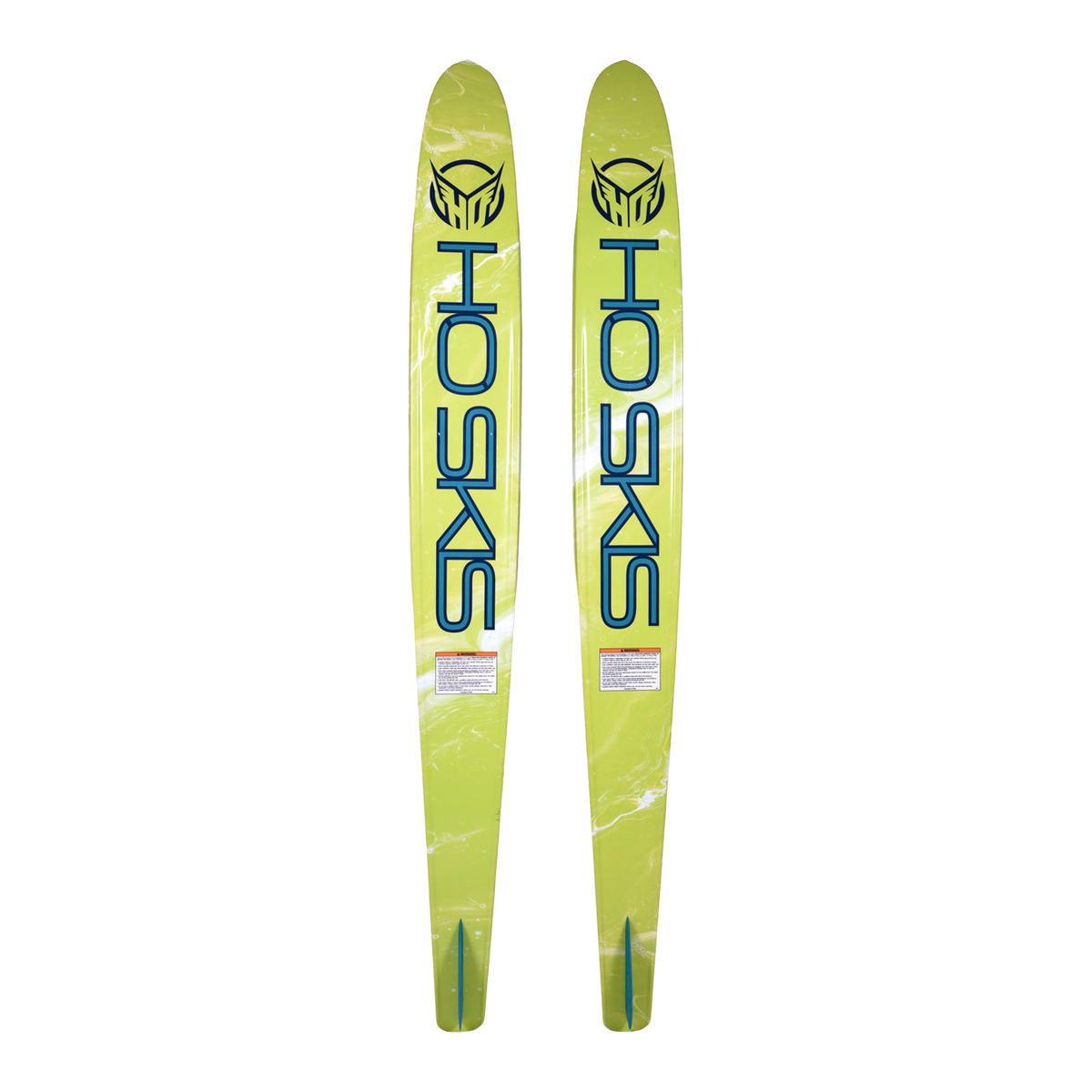 Base view of a pair of green Freeride combo water skis with blue lettering.
