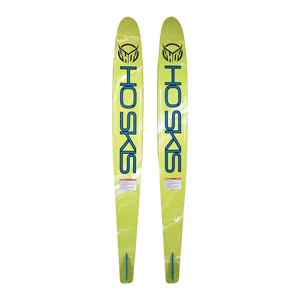 Base view of a pair of green Freeride combo water skis with blue lettering.
