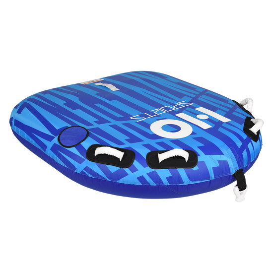 Angled view of the Frenzy Tube in two-tone blue with bold striped graphics and foam-grip tow handles.