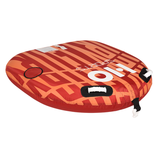 Angled view of the Fury Tube in red and orange with bold striped graphics and foam-grip tow handles.