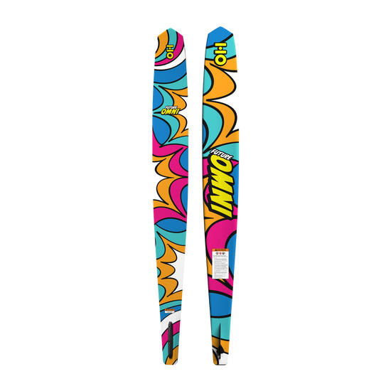 Top and base views of a Future Omni slalom water ski with a colorful retro pop-art graphic.