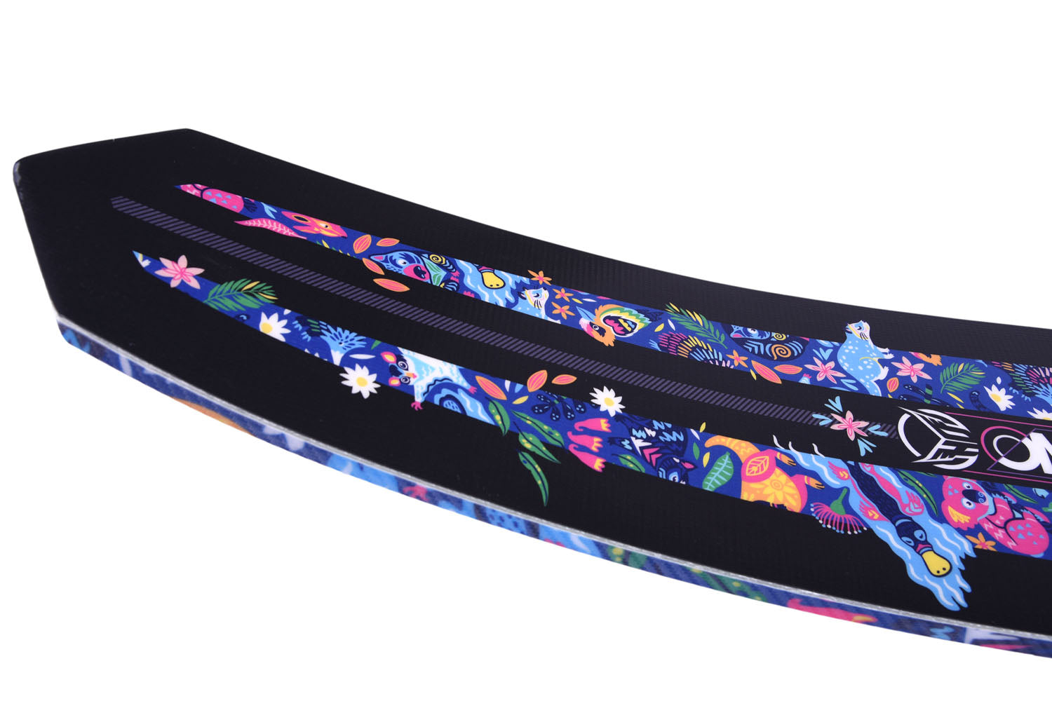 Top view of colorful waterski with abstract animal and floral design on a white background