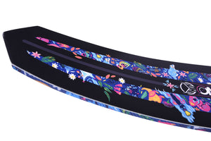 Top view of colorful waterski with abstract animal and floral design on a white background