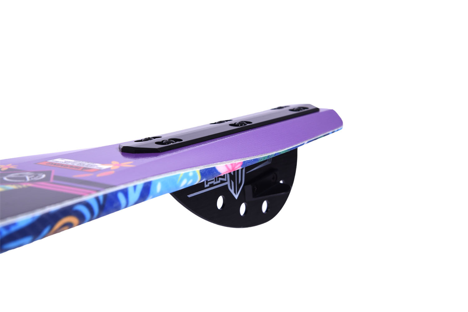 Top side view of purple waterski with colorful design and a black fin on a white background