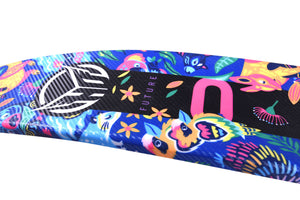 Bottom view of the water ski tip with colorful animal print and 'FUTURE' HO Sports branding on a white background