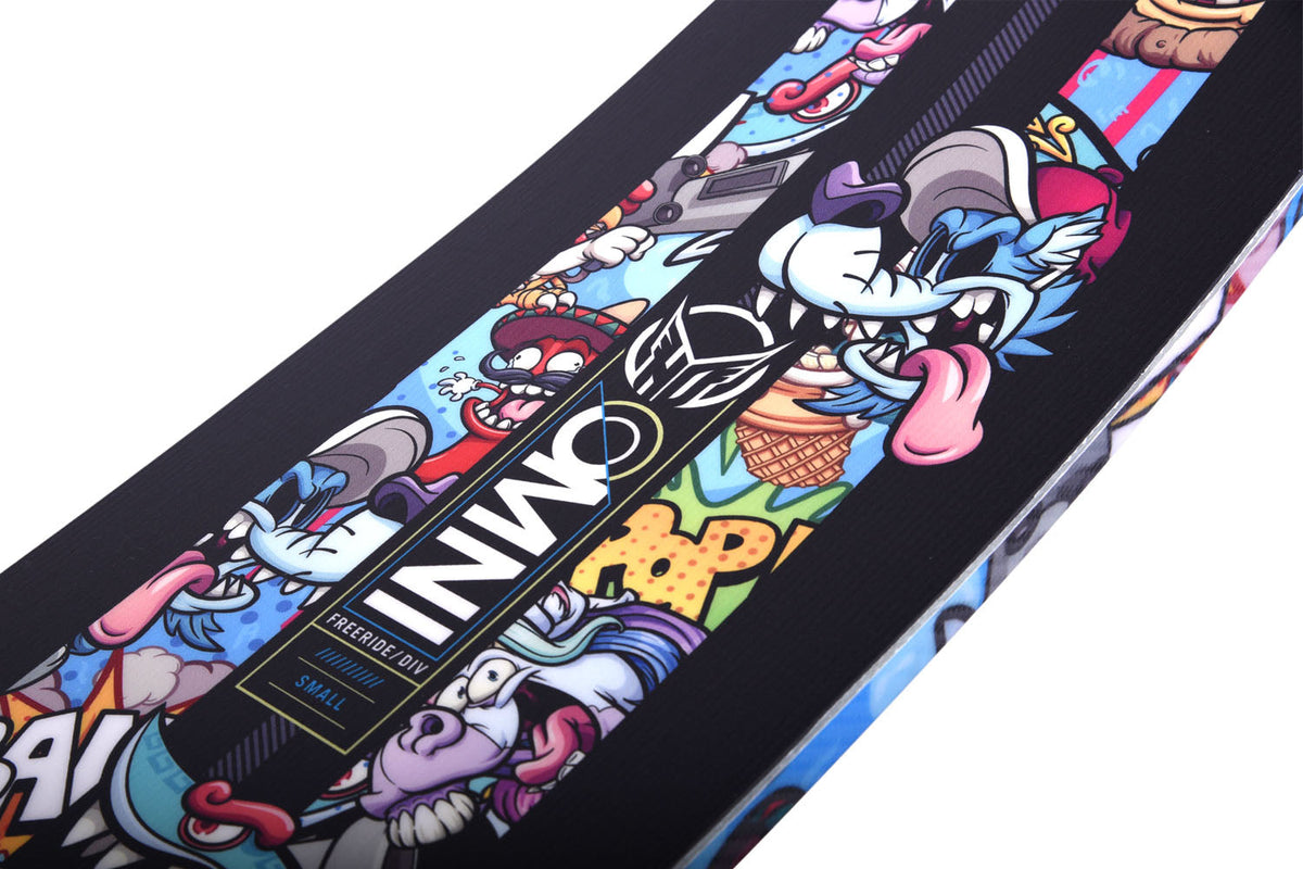 Colorful top view of a water ski with cartoon characters and HO Sports 'OMNI' brand logo on a white background