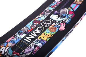 Colorful top view of a water ski with cartoon characters and HO Sports 'OMNI' brand logo on a white background
