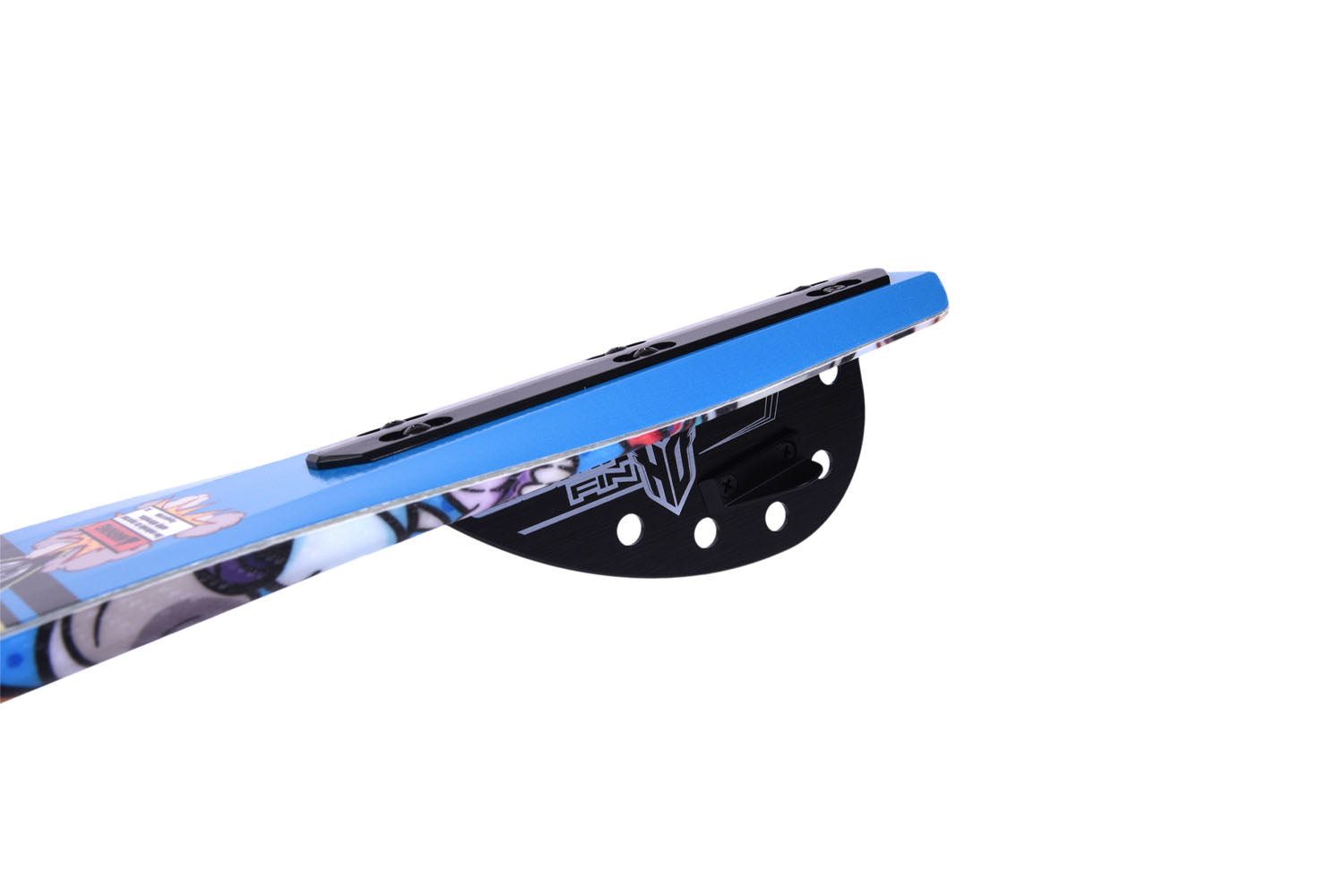 Close-up of a waterski with a blue top deck and black tail-fin on a white background