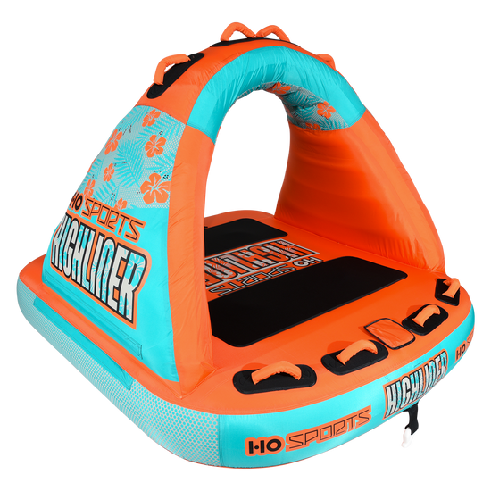 Angled view of the Highliner 2 Tube, an orange and teal canopy tube with tropical hibiscus graphics.