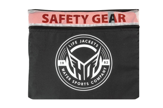 Front view of the 4-PK AK-1 Vests black mesh-top storage bag with a white HO Sports Life Jackets logo.