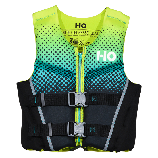 Front view of the Boys' Youth Pursuit HRM Neo life vest, green-teal dotted gradient with black and two buckles.