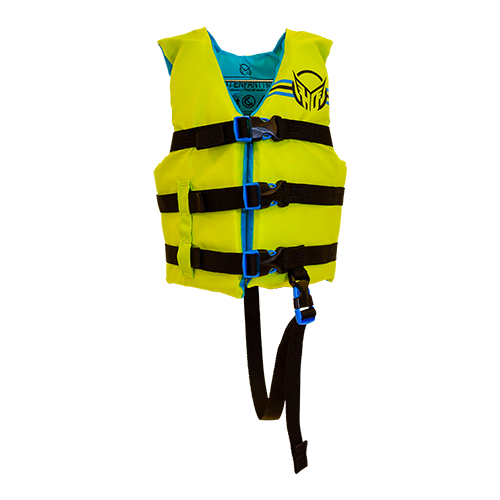 Front view of the Child Hot Shot life vest, yellow with black straps, two buckles, leg strap, and HO logo.