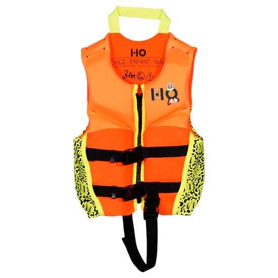 Front view of the Child Pursuit HRM Neo life vest, orange with yellow squiggle sides, grab handle, and crotch strap.