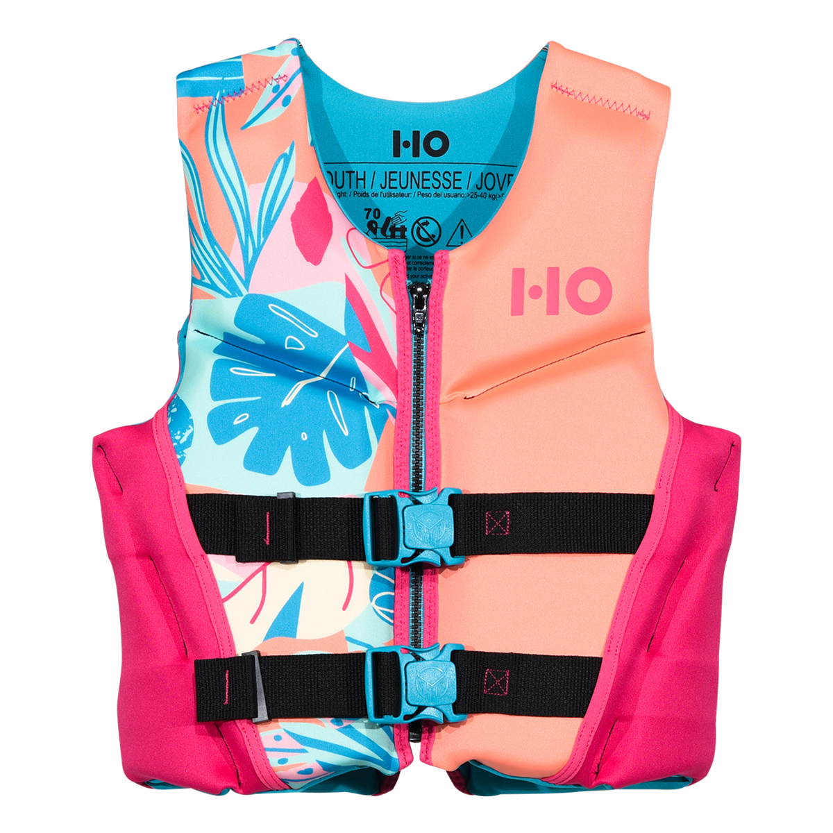 Front view of the Girls' Youth Pursuit HRM Neo life vest, coral and pink with teal floral panel and two buckles.