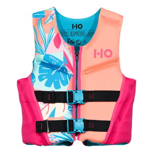 Front view of the Girls' Youth Pursuit HRM Neo life vest, coral and pink with teal floral panel and two buckles.