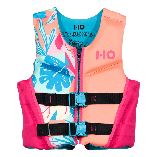 Front view of the Girls' Youth Pursuit HRM Neo life vest, coral and pink with teal floral panel and two buckles.