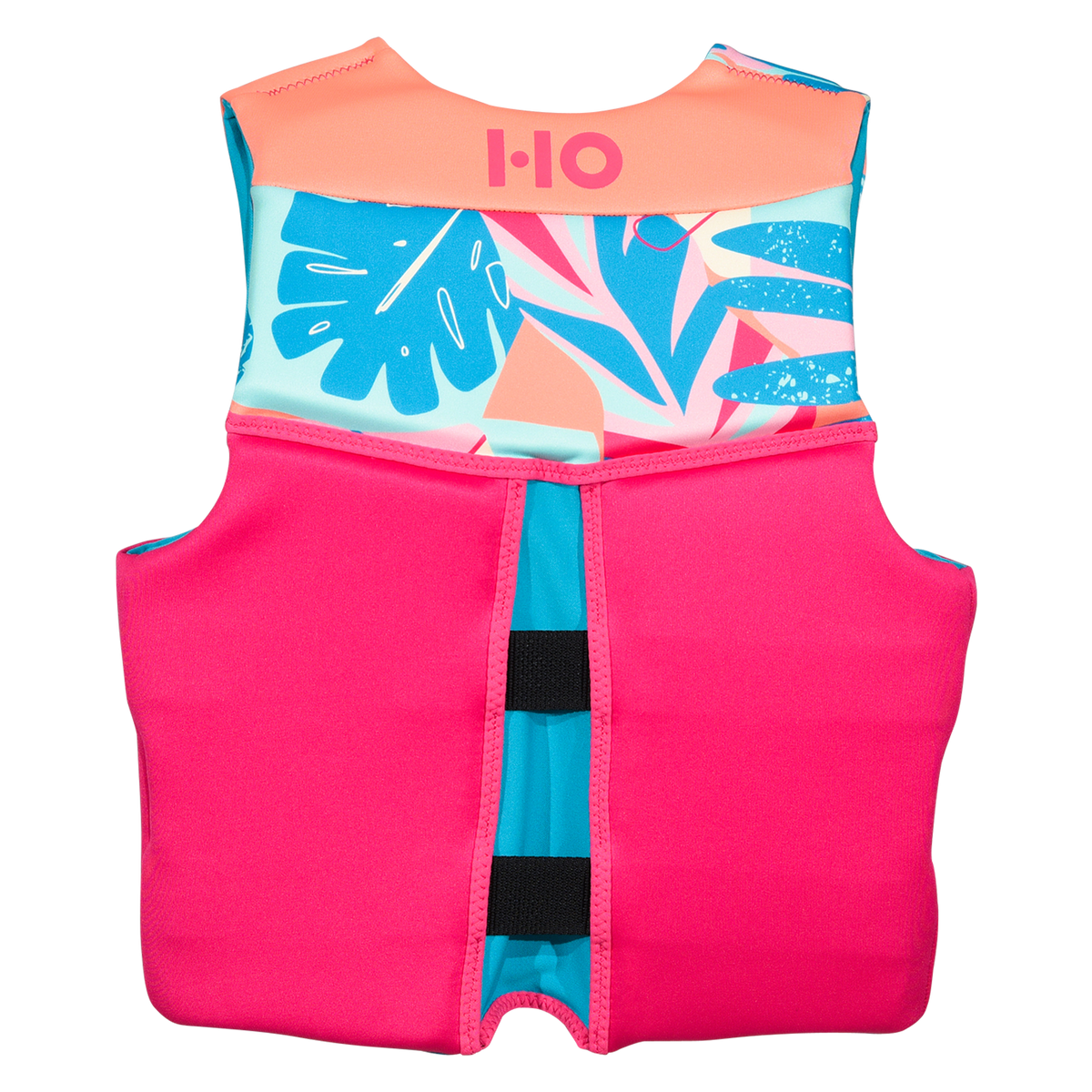 Back view of the Girls' Youth Pursuit HRM Neo life vest, teal floral yoke over a pink body with HO logo.