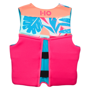 Back view of the Girls' Youth Pursuit HRM Neo life vest, teal floral yoke over a pink body with HO logo.