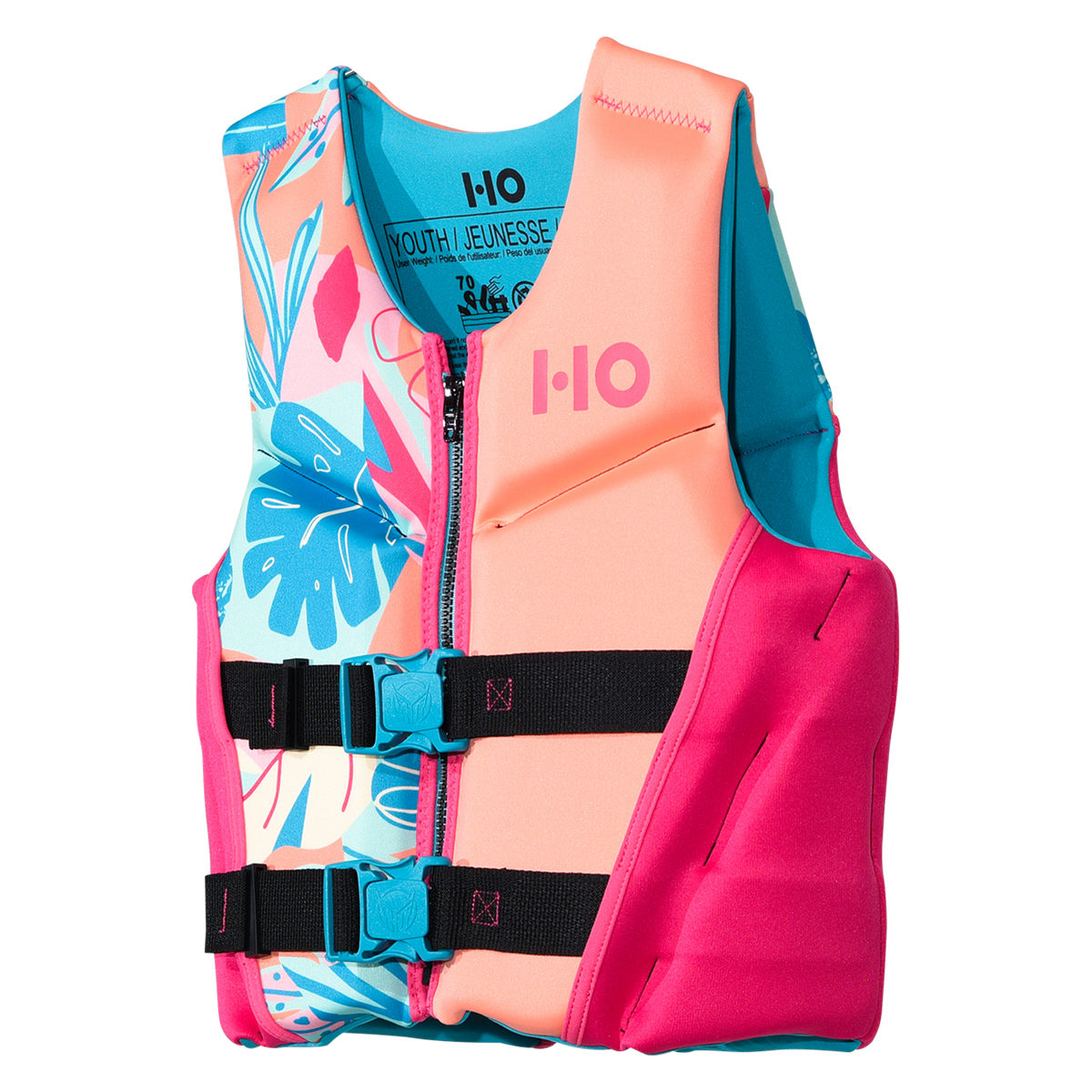 Angled front view of the Girls' Youth Pursuit HRM Neo life vest, coral with tropical leaf panel, zip, and pink sides.