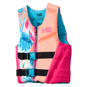 Angled front view of the Girls' Youth Pursuit HRM Neo life vest, coral with tropical leaf panel, zip, and pink sides.