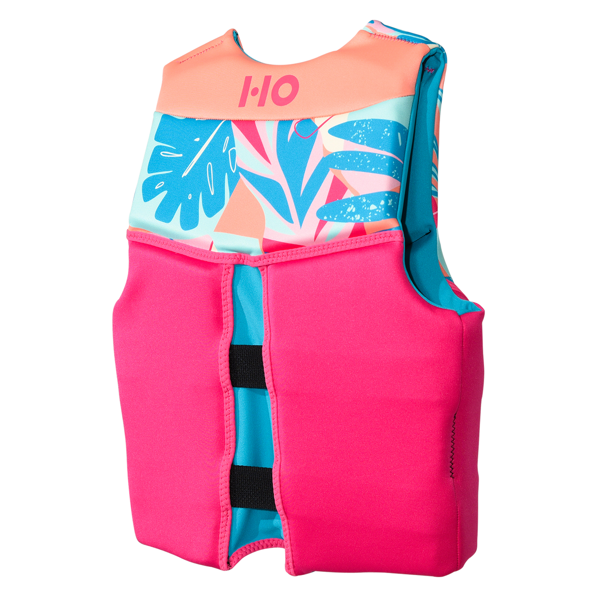 Angled back view of the Girls' Youth Pursuit HRM Neo life vest, teal floral yoke and pink lower body.