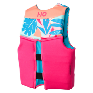Angled back view of the Girls' Youth Pursuit HRM Neo life vest, teal floral yoke and pink lower body.