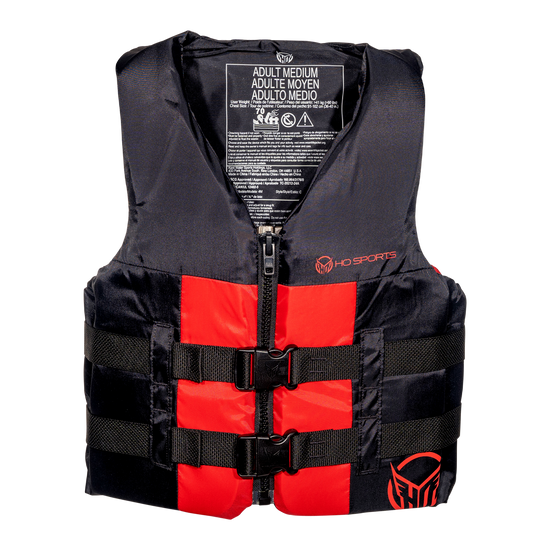 Front view of the Men's Infinite life vest, black with red front panels, zip, and two waist buckles.