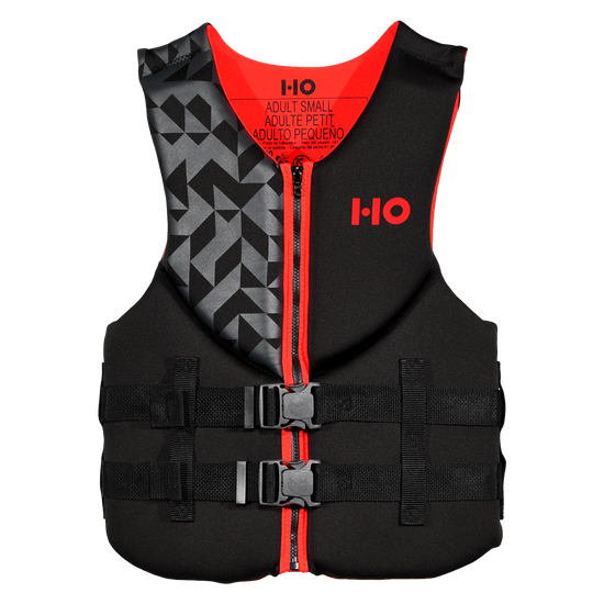 Front view of the Men's Pursuit HRM NEO life vest, black with red zip and gray geometric chest panel.