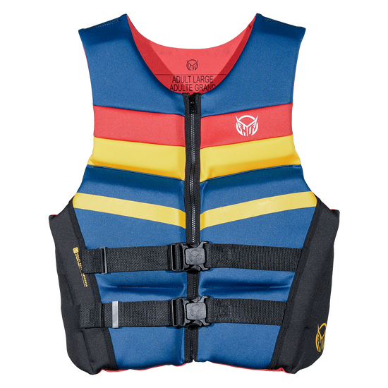 Front view of the System HRM NEO life vest, blue with red and yellow chest stripes and a front zip.