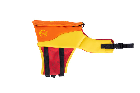 Side view of the Sage NEO Dog Vest, orange and yellow with a red belly panel, grab handle, and side buckle.
