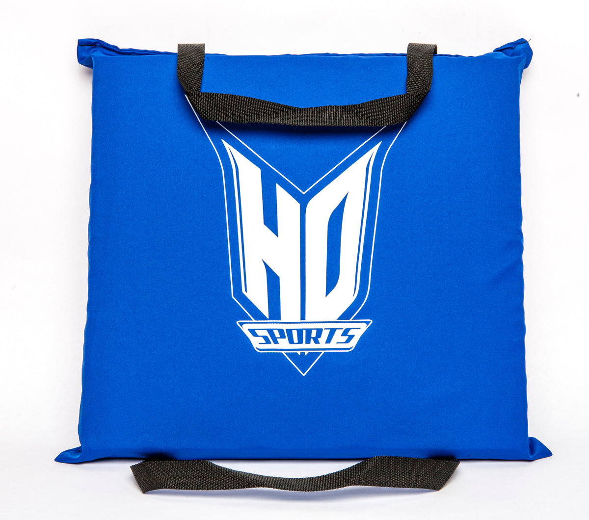 Top view of the Seat Cushion PFD, blue with a large white HO Sports logo and black grab straps on two sides.