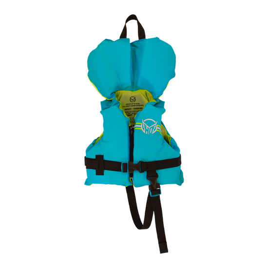 Front view of the Toddler Hot Shot life vest, teal with yellow lining, head support, handle, leg strap, and HO logo.