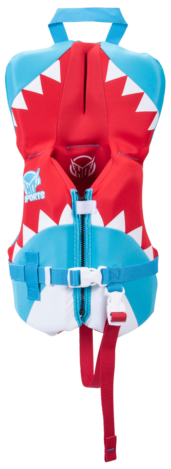 Front view of the Toddler Pursuit Neo life vest, red and blue with white shark-teeth design, handle, and leg strap.