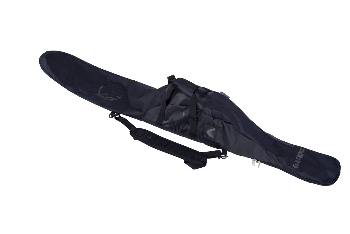 Angled view of the Universal Slalom Bag in black, padded ski bag with carry handles and shoulder strap.